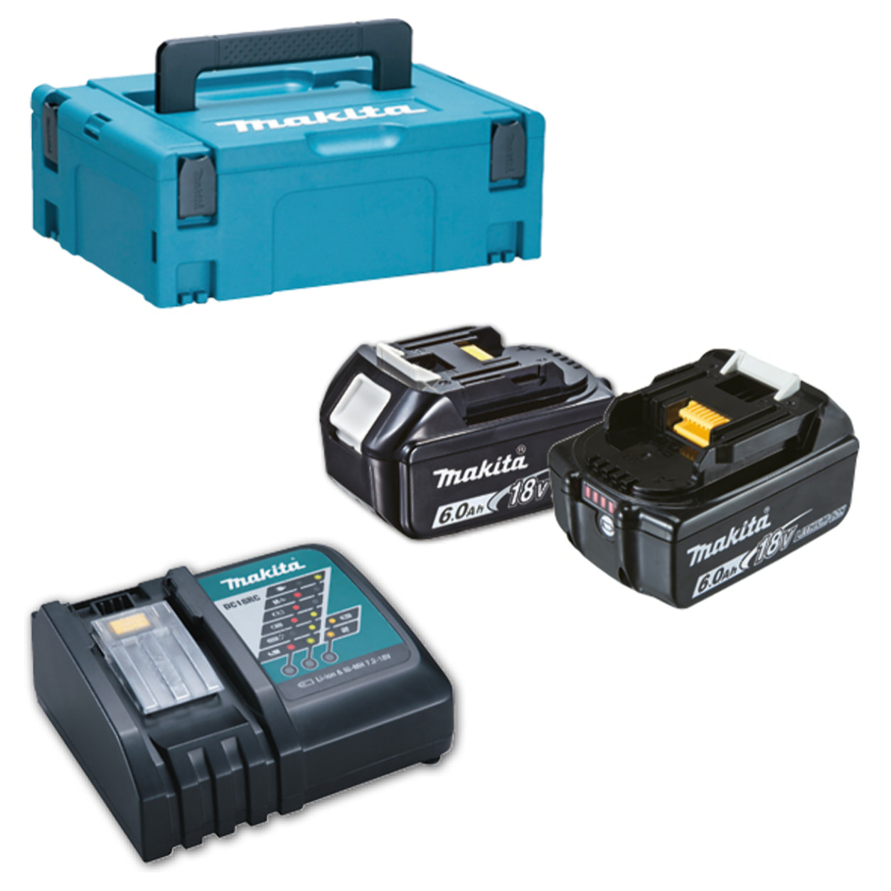 MAKITA Power Pack 18 V 6 Ah Li-Ion 2 baterías BL1860B + 1 cargador + caja MAKPAC - 198116-4