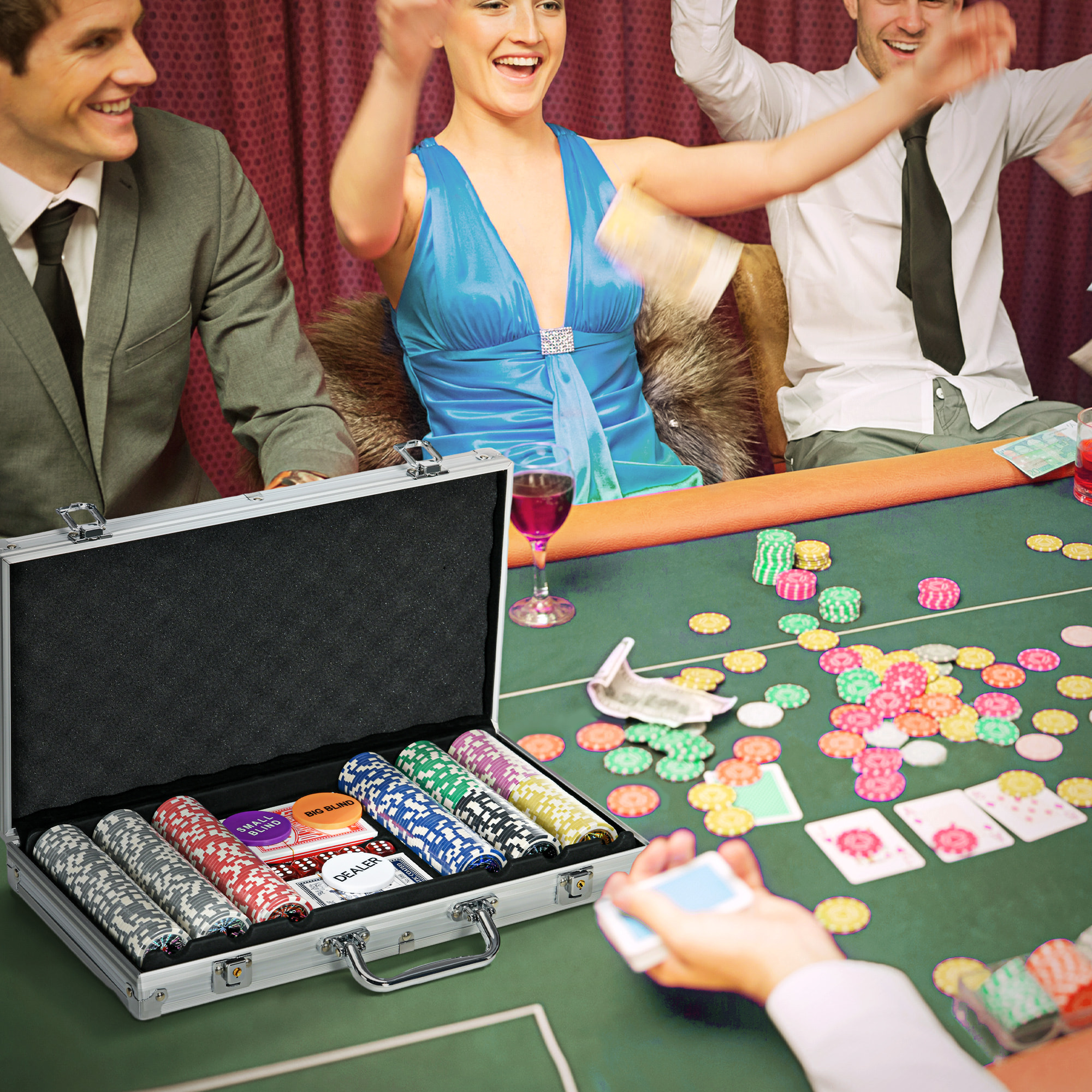 Juego de Póker Profesional, Maletín de Póker de Aluminio con 300 Fichas de 11,5 g, 2 Barajas de Cartas, 5 Dados, Tapete y Botón de Crupier, para 7-8 Jugadores con Cerradura, Plateado