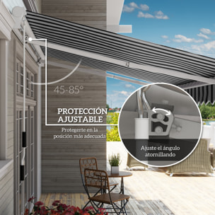 Toldo Manual Retráctil 395x245 cm, Toldo Exterior Terraza con Ángulo Ajustable, Brazo Articulado, Montaje a Pared, Estructura de Aluminio, Anti-UV e Impermeable, para Jardín, Azul y Blanco