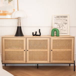 Buffet 3 portes en cannage et effet chêne - IRIS
