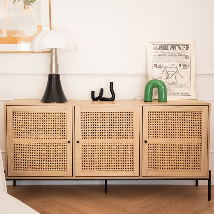Buffet 3 portes en cannage et effet chêne - IRIS