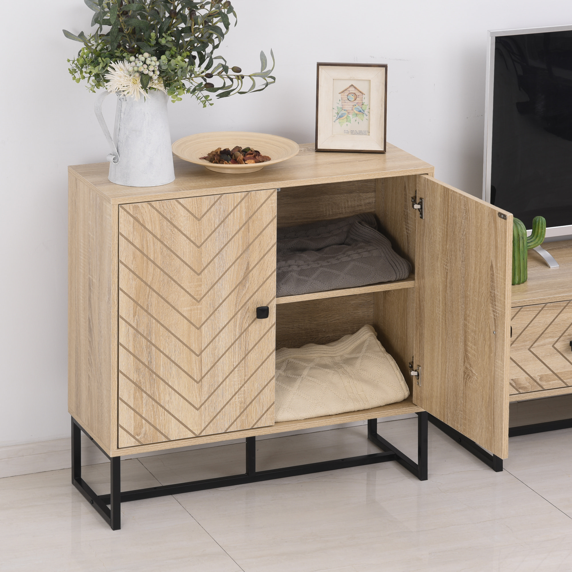 HOMCOM Buffet meuble de rangement 2 portes bois et pieds en métal noir dim. 80L x 29,5l x 80H cm