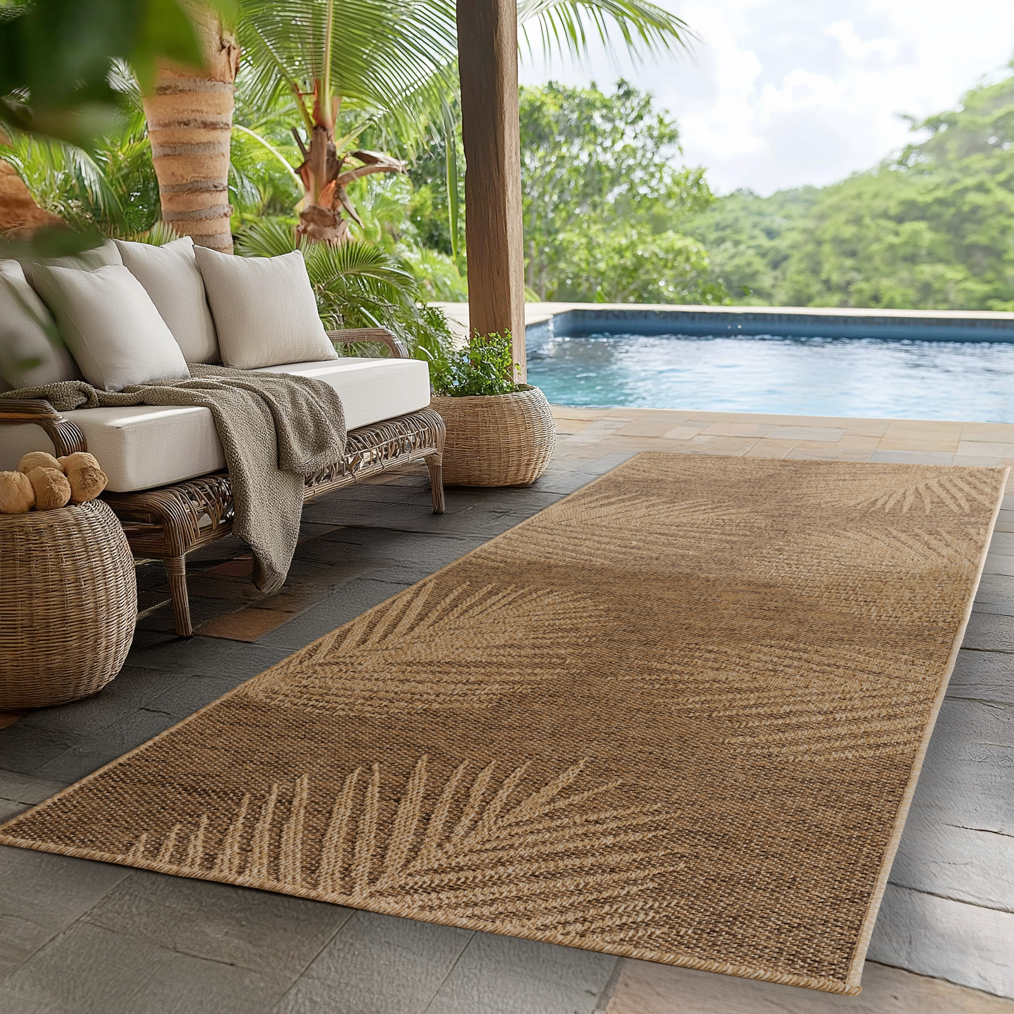 LINORA - Tapis intérieur/extérieur beige effet jute à motif feuille