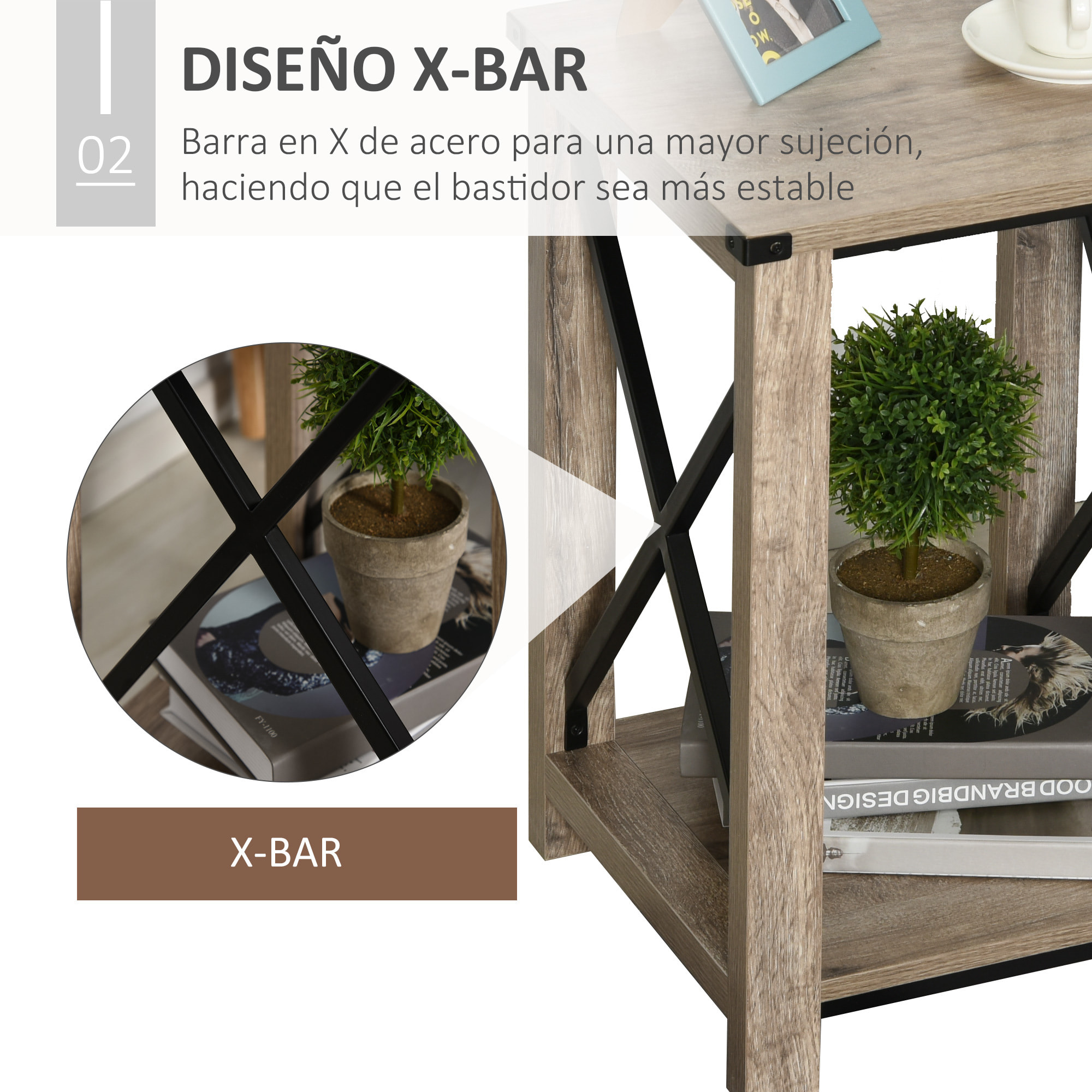 Mesa Auxiliar Retro Industrial con Estante Grano de Roble
