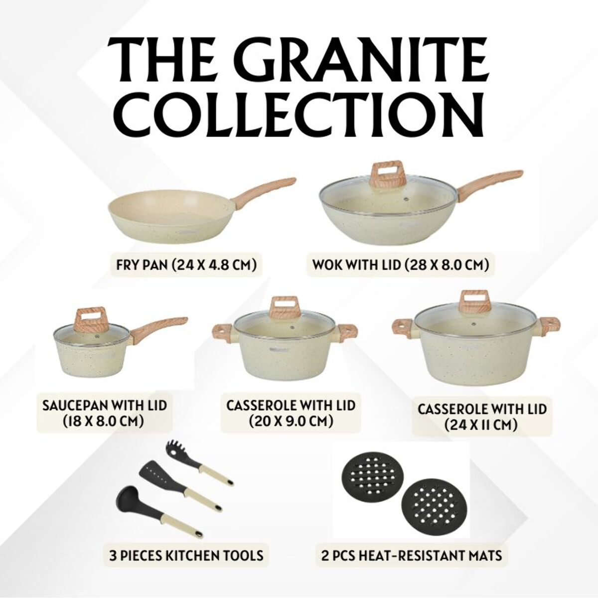 Batterie de cuisine 14 pièces avec revêtement en granit et manche en bois Beige Herzberg HGWDBEJ14-BEI