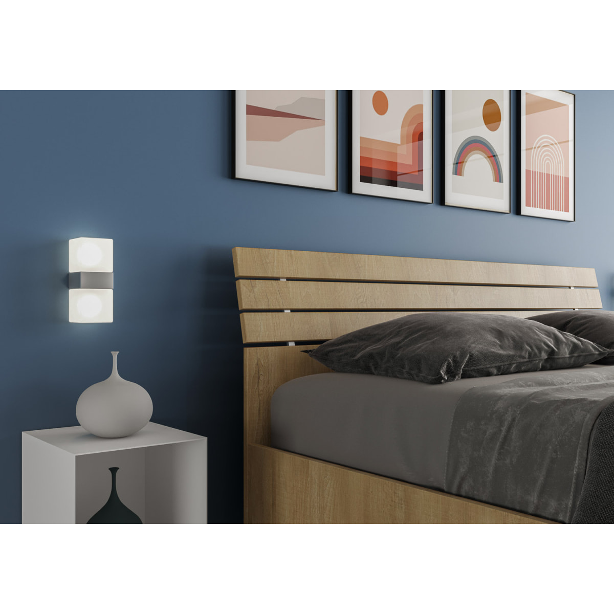 Cama con almacenaje 160x200 con cabecera inclinada de listones roble natural Ankel