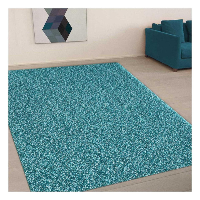 Tapis longs poils shaggy 67x230 rectangle tissé bleu motif uni SIMPLE