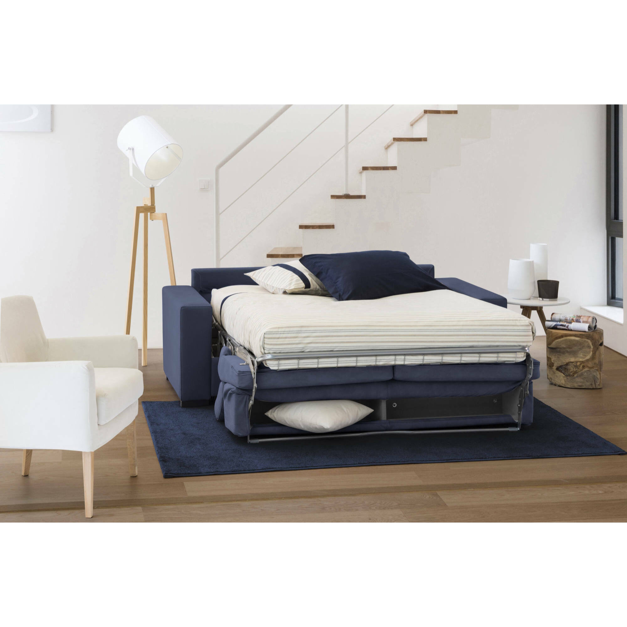 Divano Letto Aisha, Divano a 3 posti, 100% Made in Italy, Sofà Soggiorno con apertura girevole, con poggiatesta regolabili e Braccioli slim, Cm 200x95h85, Blu