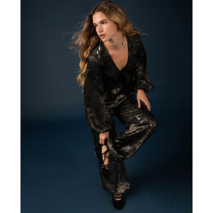 Pantalón con canesú y bordado de lentejuelas de mujer