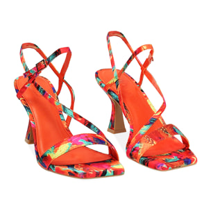 Sandalo donna multicolor-arancio in raso, tacco 7,5 cm
