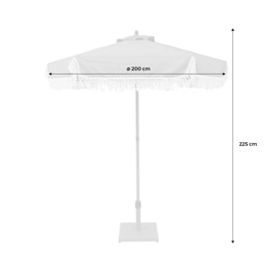 Parasol HOSSEGOR droit à franges 2m. beige. acier. mât effet bois. UPF 30+. D 200 x H 225 cm