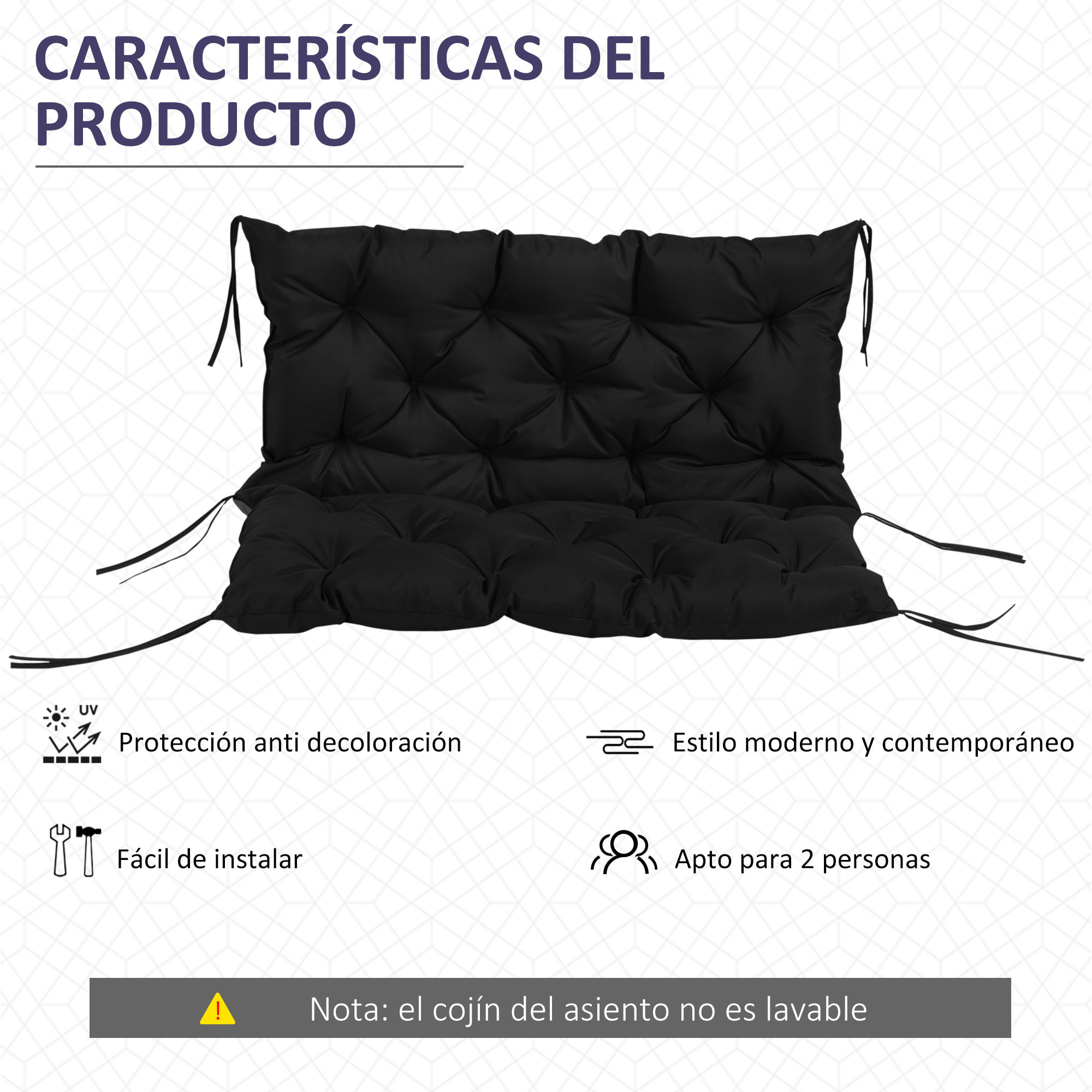 Cojín para Banco con Respaldo Cojín de Palet de 2 Plazas Cojín de Columpio Cojín de Jardín con 6 Cordones de Fijación 100x98x8 cm Negro