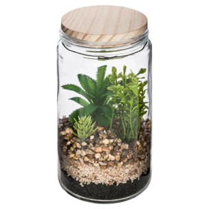 Terrarium avec plante artificielle - pot en verre et couvercle en bois - H22 cm