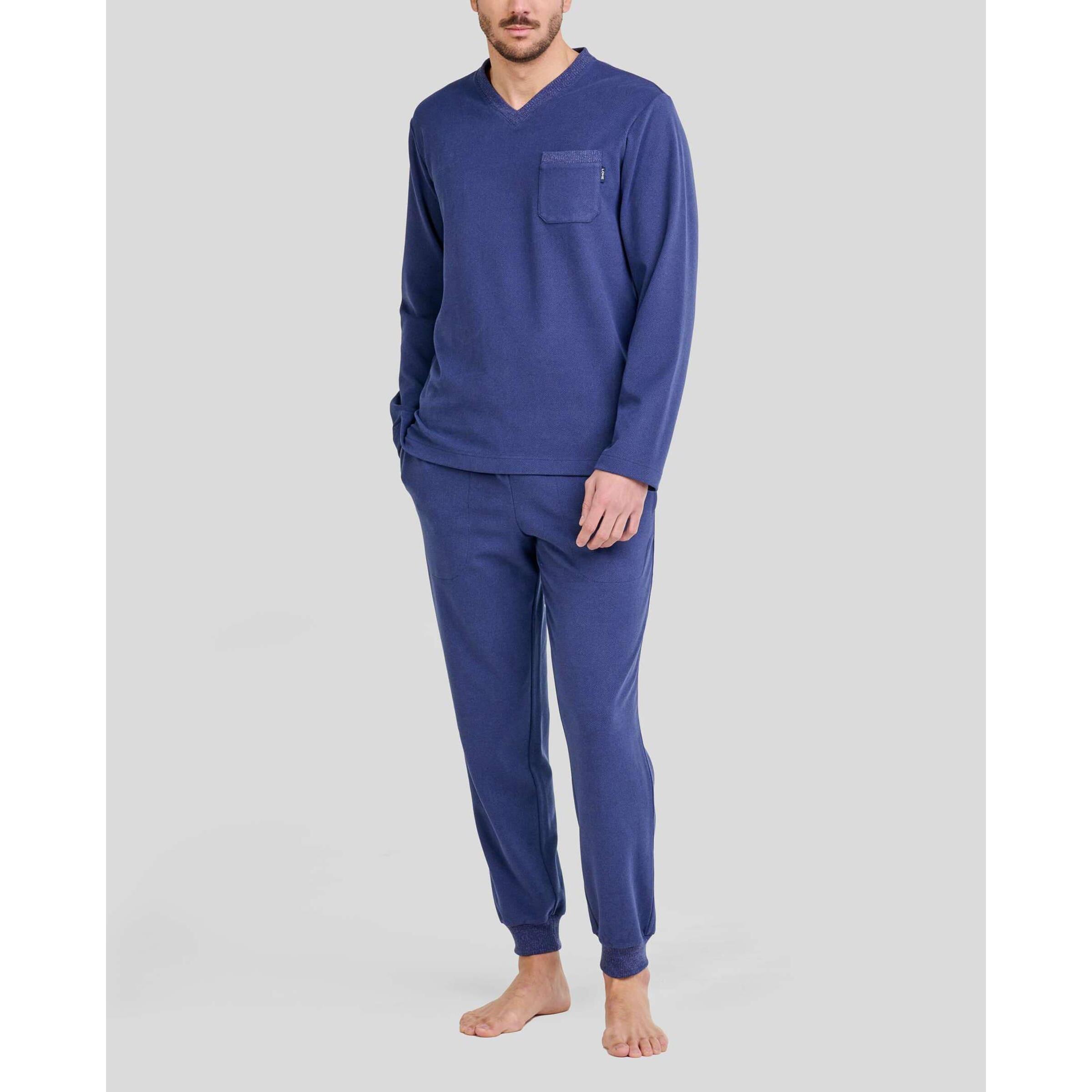 Pijama hombre cálido tejido, escote en pico, manga larga y pantalón largo con puños y bolsillos laterales