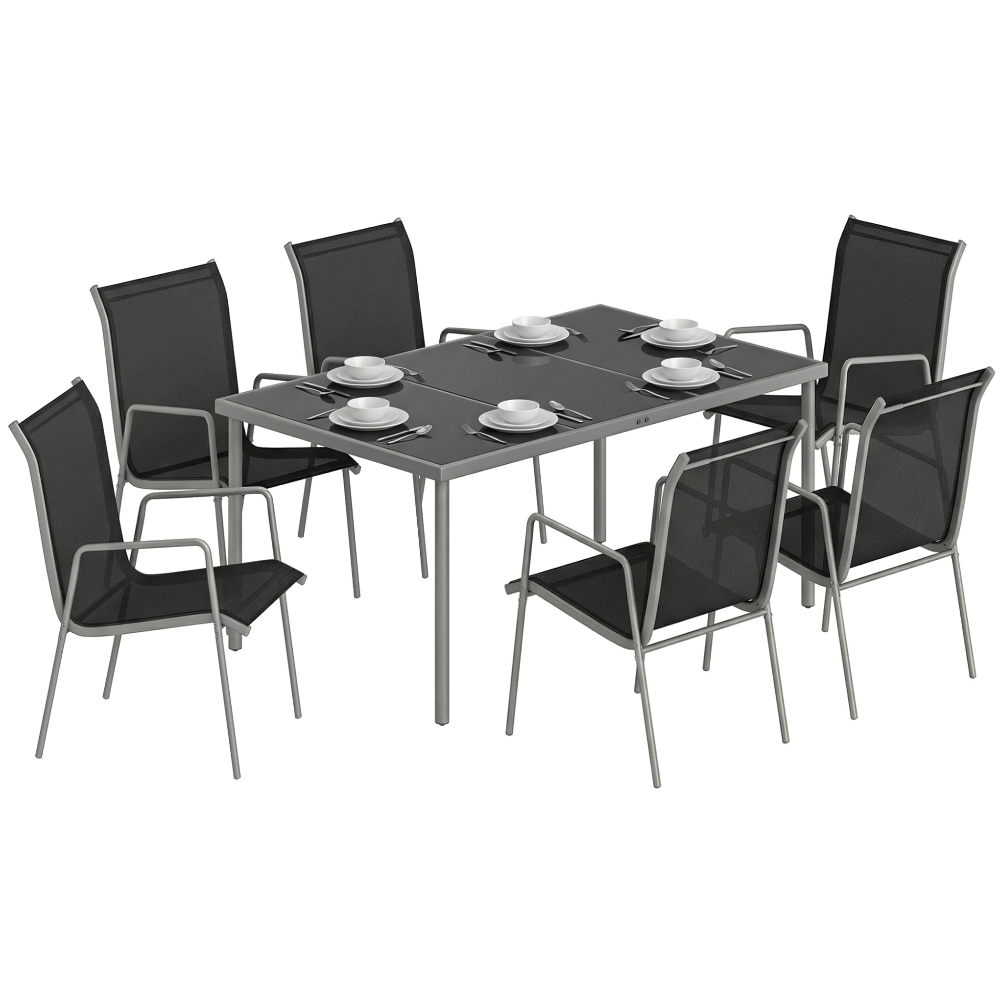 Conjunto de Mesa y Sillas Jardín de 7 Piezas, Muebles Jardín Exterior con Mesa de Vidrio Templado, 6 Sillas Apilables Transpirables, Marco de Metal Resistente a la Intemperie, Negro y Plata