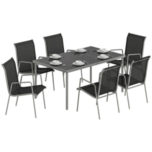 Conjunto de Mesa y Sillas Jardín de 7 Piezas, Muebles Jardín Exterior con Mesa de Vidrio Templado, 6 Sillas Apilables Transpirables, Marco de Metal Resistente a la Intemperie, Negro y Plata