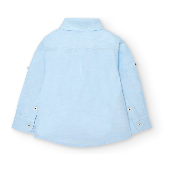 Camisa larga niño, lino estampada lisa, cuello camisero.