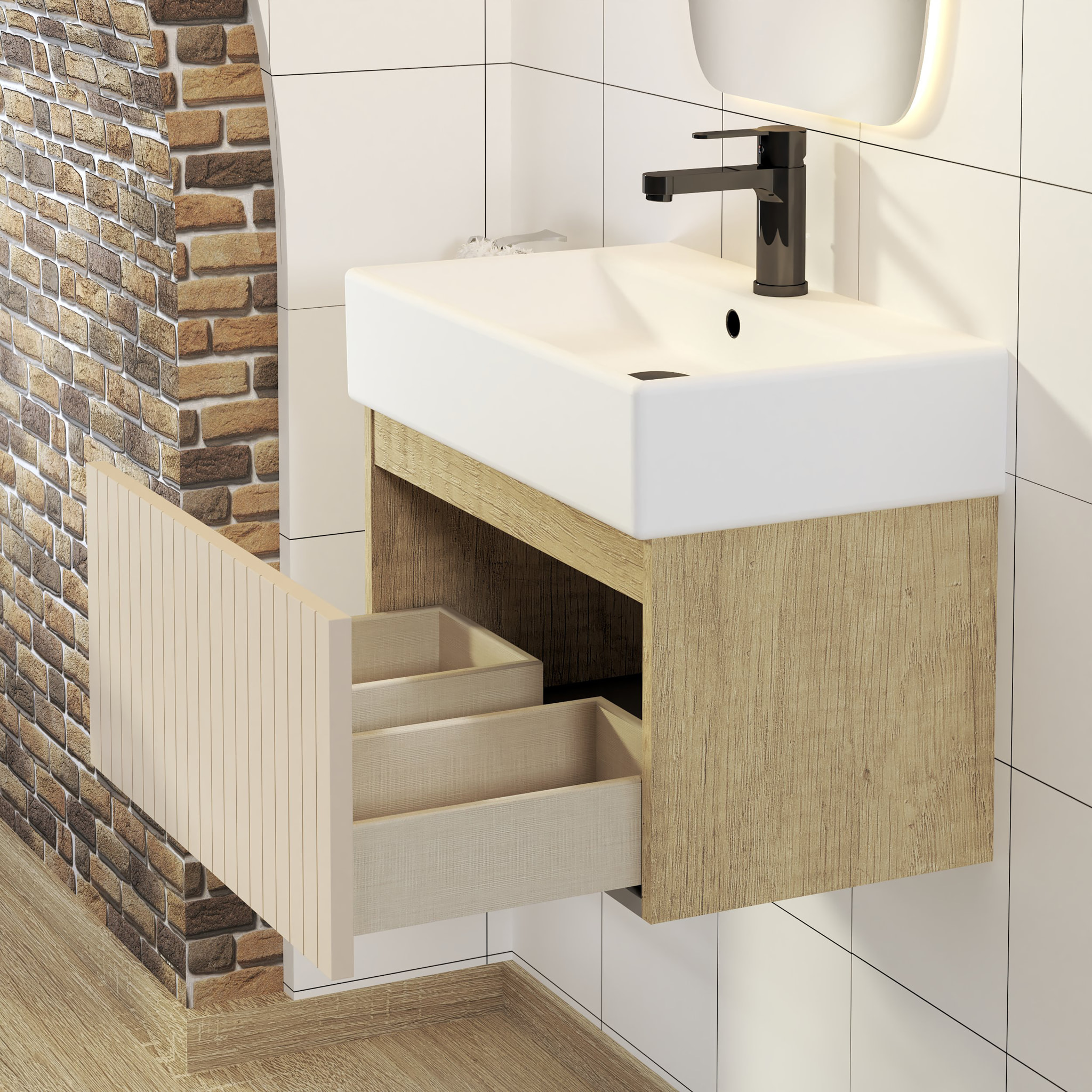 Conjunto de Baño Zel | Mueble Suspendido | 60 cm Glaciar | Un Cajón | Lavabo Encastrado | No incluye Espejo | Mueble Montado| Alday