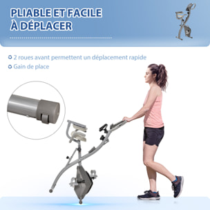 Vélo d'appartement pliant 8 niveaux de résistance magnétique dossier selle réglable poignées ergonomiques écran LCD multifonction suspensions support tablette acier gris