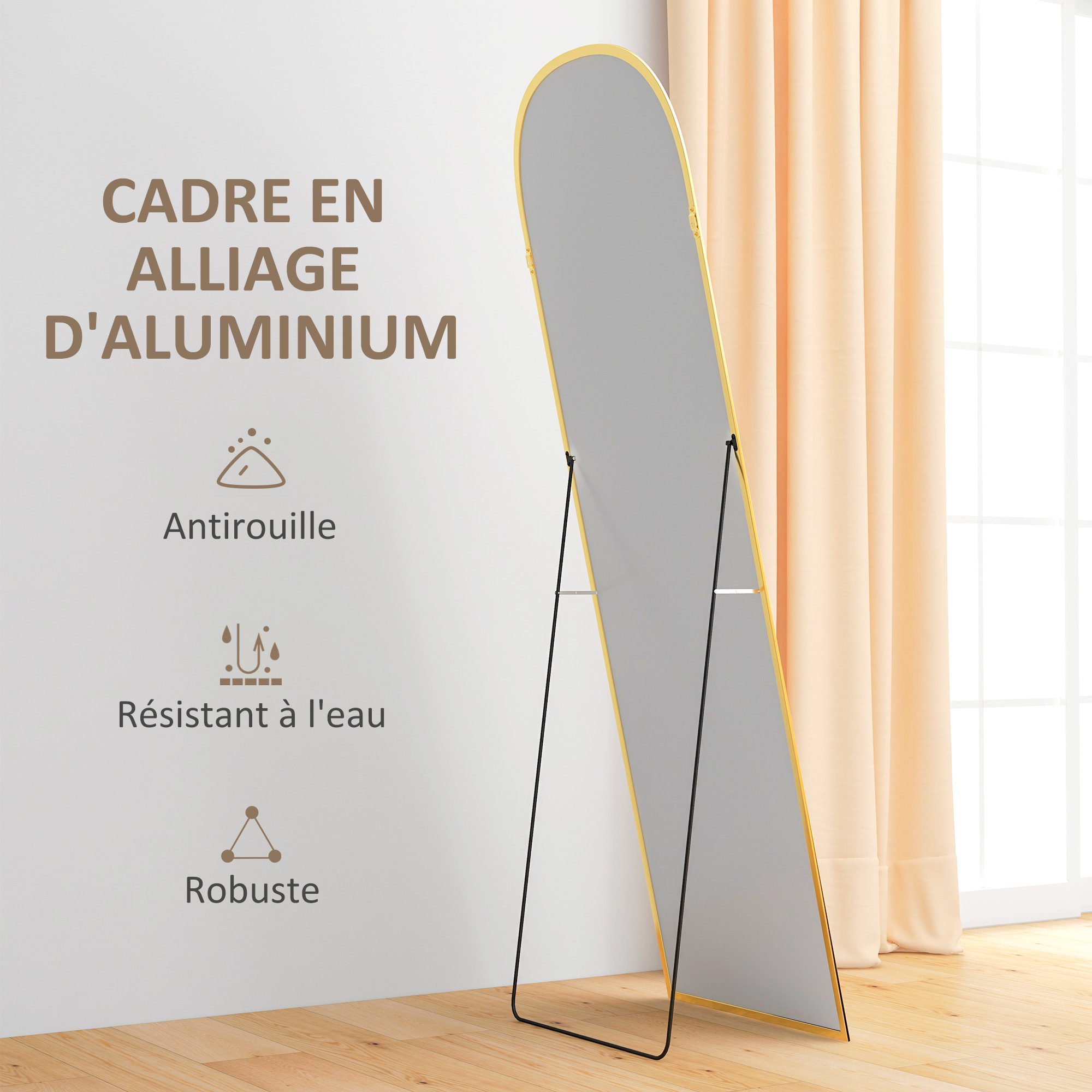 Miroir sur pied - miroir mural rectangulaire arrondi - dim. 50L x 161,5H cm - alu. doré