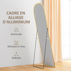 Miroir sur pied - miroir mural rectangulaire arrondi - dim. 50L x 161,5H cm - alu. doré
