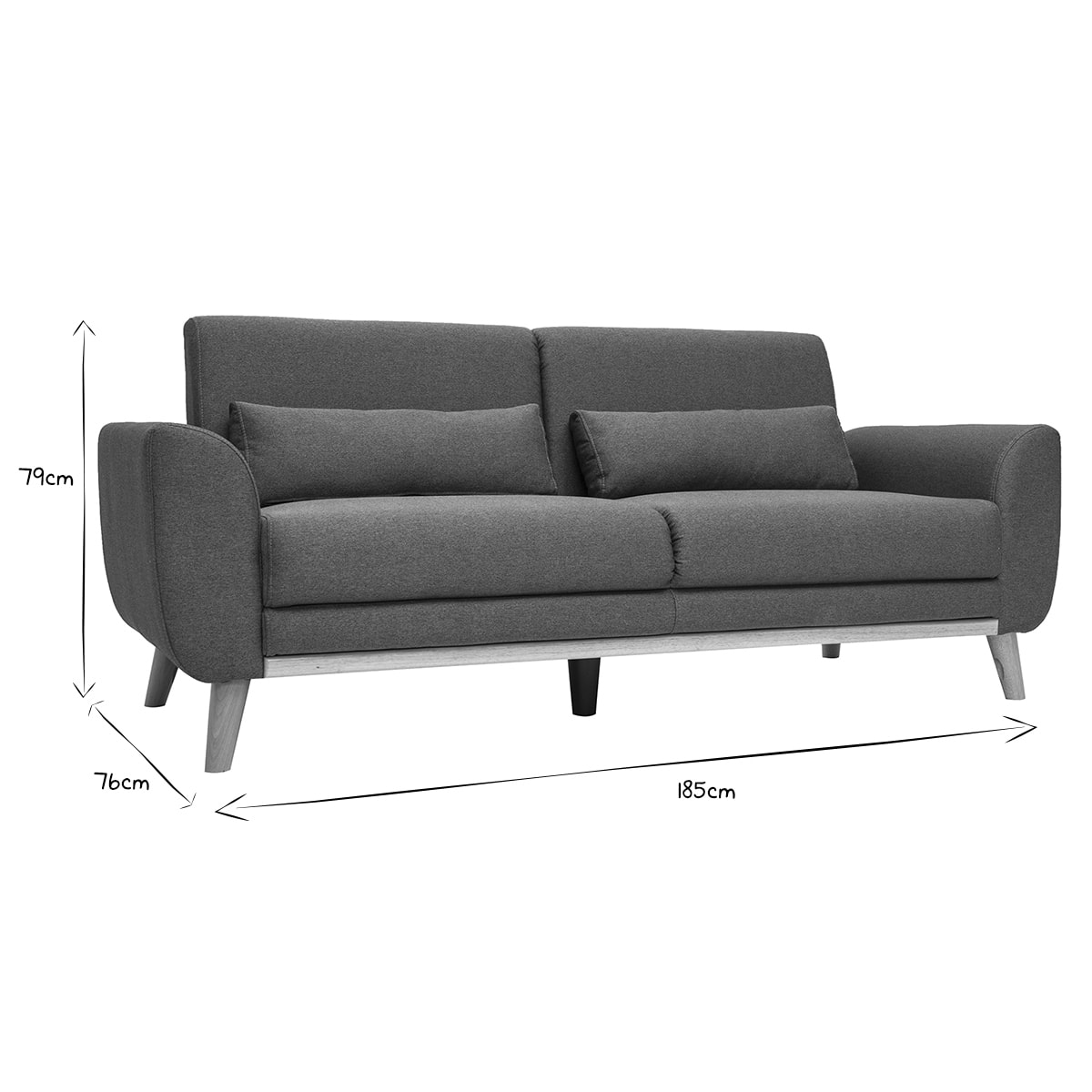 Canapé scandinave 3 places en tissu gris foncé et bois clair EKTOR