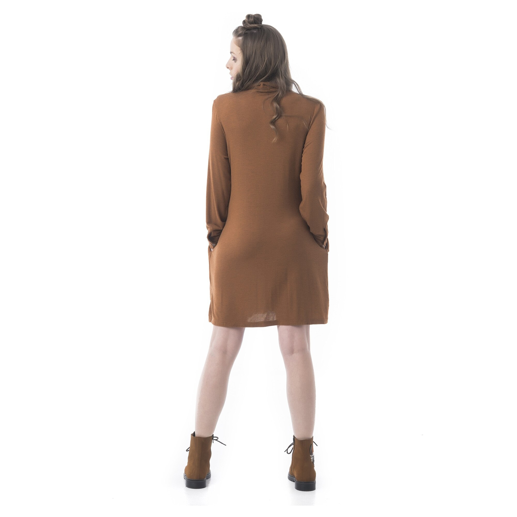 Mamatayoe Vestido Caramel Para Mujer, Manga Larga, Escote Pico, Tostado