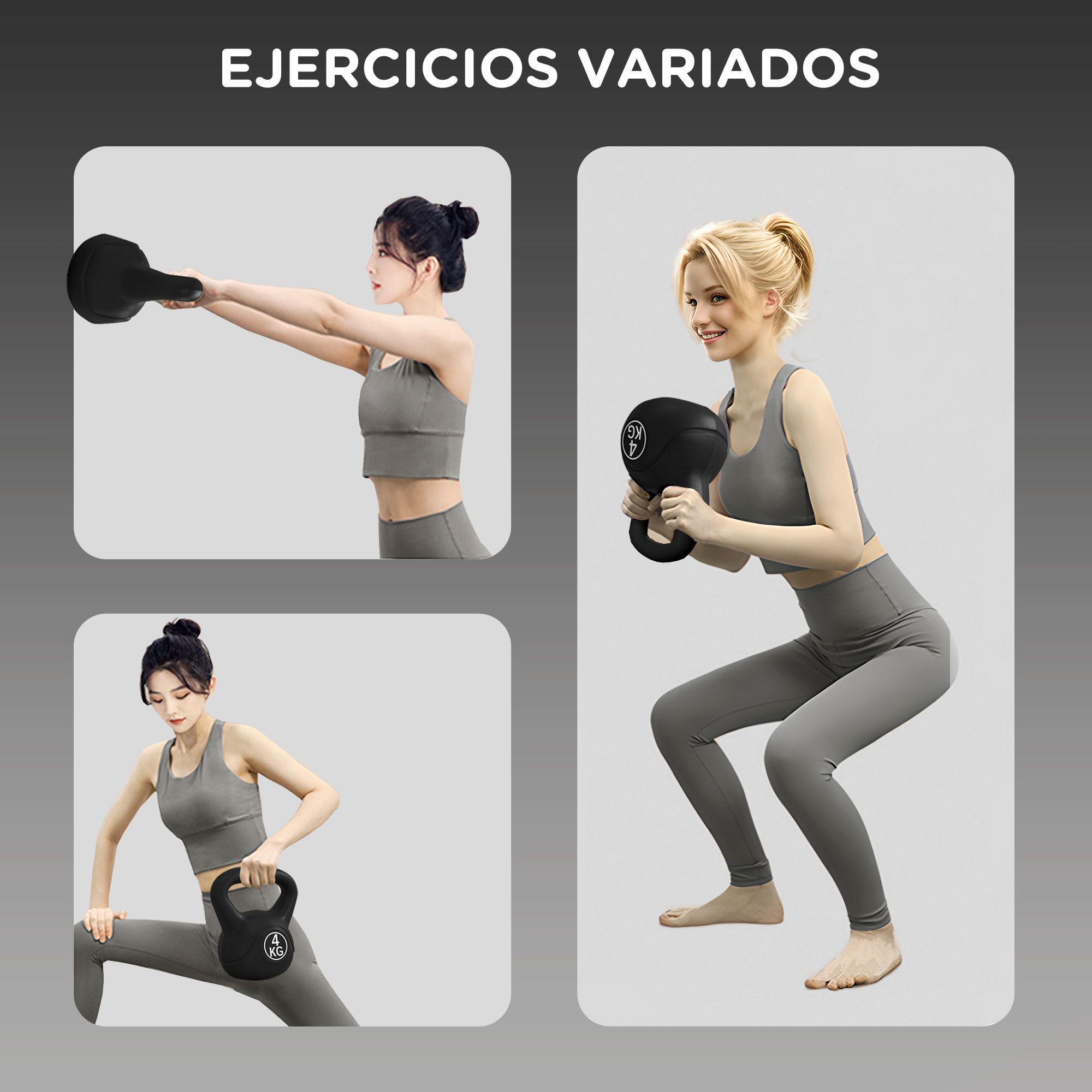 Pesa Rusa 4 kg, Kettlebell Revestimiento de Plástico y Relleno de Arena, con Mango Ancho y Base Plana, para Entrenamiento Culturismo, en Casa, Gimnasio, Negro