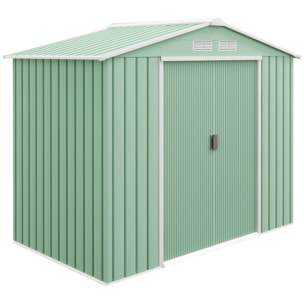 Caseta de Jardín Exterior, 2,5 m² 213x130x185 cm, Cobertizo de Jardín Exterior Metálico con 2 Puertas Correderas, Base Refuerzo (Suelo NO Incluido) y 4 Ventanas Verde Claro