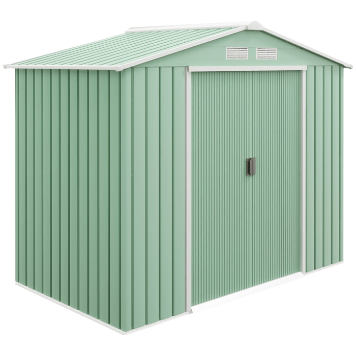 Caseta de Jardín Exterior, 2,5 m² 213x130x185 cm, Cobertizo de Jardín Exterior Metálico con 2 Puertas Correderas, Base Refuerzo (Suelo NO Incluido) y 4 Ventanas Verde Claro