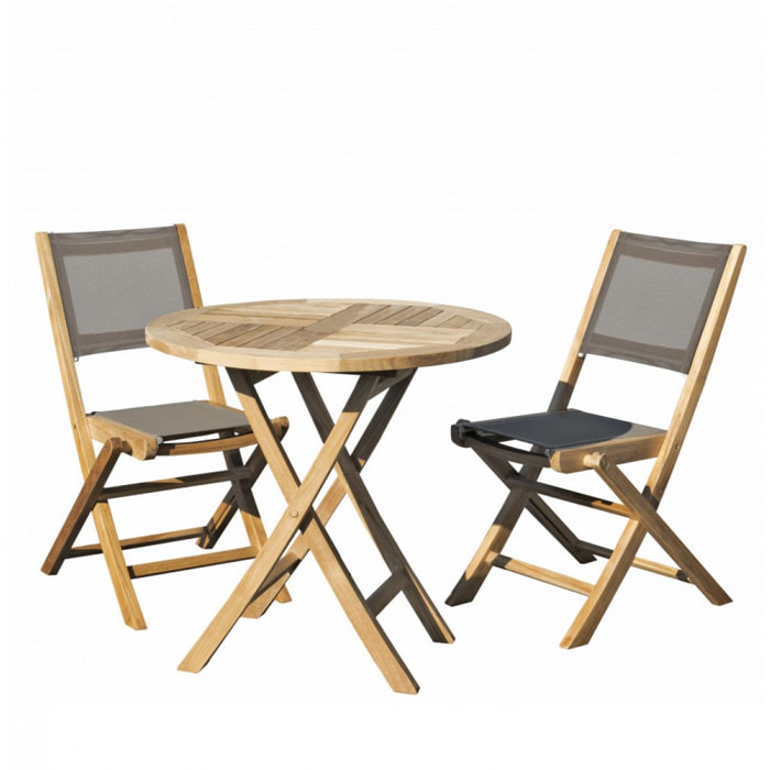 HARRIS - SALON DE JARDIN EN BOIS TECK 2 pers - Ensemble de jardin - 1 Table ronde pliante 80 cm et 2 chaises textilène taupe