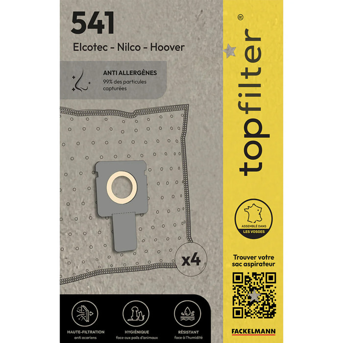 Lot de 4 sacs aspirateur pour Hoover et Elcotec TopFilter Premium