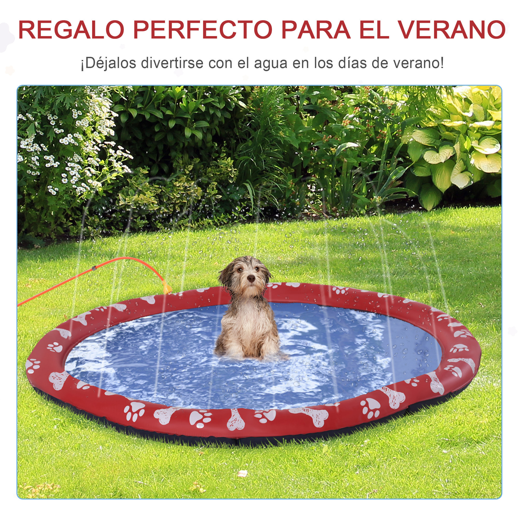 Splash Pad para Mascotas Tapete de Juegos de Agua Redondo Ø170 cm Almohadilla de Aspersor con Bonito Estampado y Superficie Antideslizante para Perros Rojo y Azul