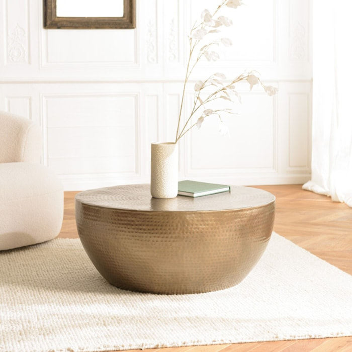 JOHAN - Table basse coque ronde 90x90cm en aluminium doré antique