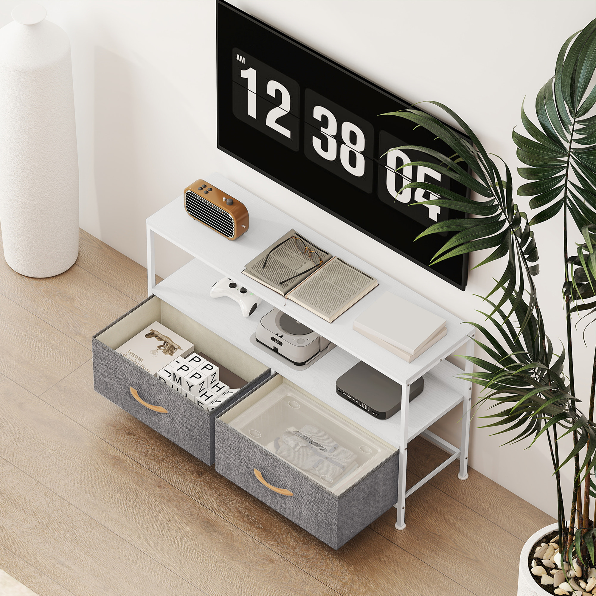 Mueble de TV, Mesa de TV con Estante y 2 Cajones de Tela Plegables, para Televisores hasta 47 Pulgadas, Largo de 98 cm, para Salón, Dormitorio, Blanco y Gris