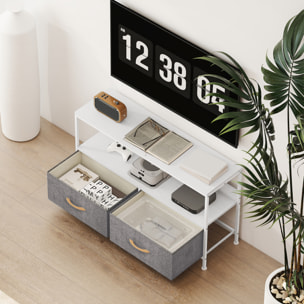 Mueble de TV, Mesa de TV con Estante y 2 Cajones de Tela Plegables, para Televisores hasta 47 Pulgadas, Largo de 98 cm, para Salón, Dormitorio, Blanco y Gris