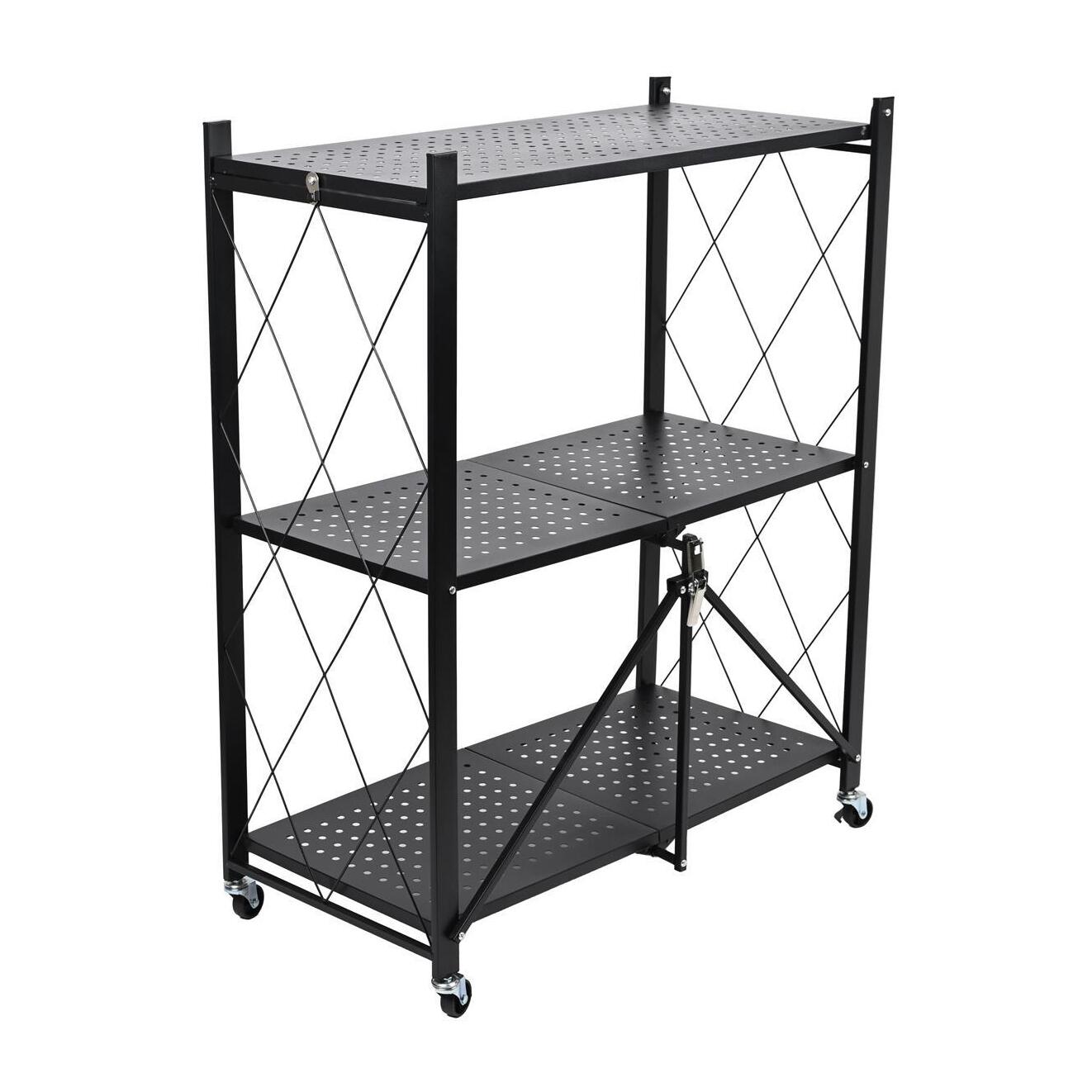 Estantería de Almacenamiento PLEGABLE de 3 Estantes con ruedas, SIN montaje - 71x34x89 cm color Negro