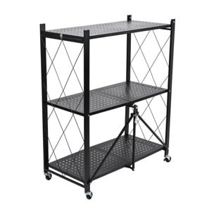 Estantería de Almacenamiento PLEGABLE de 3 Estantes con ruedas, SIN montaje - 71x34x89 cm color Negro