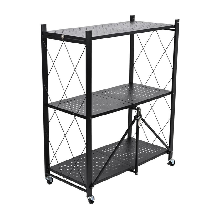 Estantería de Almacenamiento PLEGABLE de 3 Estantes con ruedas, SIN montaje - 71x34x89 cm color Negro