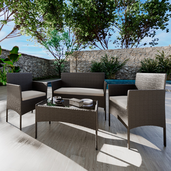 Set Di Mobili da Giardino Salotto Salottino in Rattan 4 Posti con Tavolino E Ripiano In Vetro 2 Poltrone e Divano 2 Posti Per Giardino Esterno Piscina Cuscini Sfoderabili Colore Nero