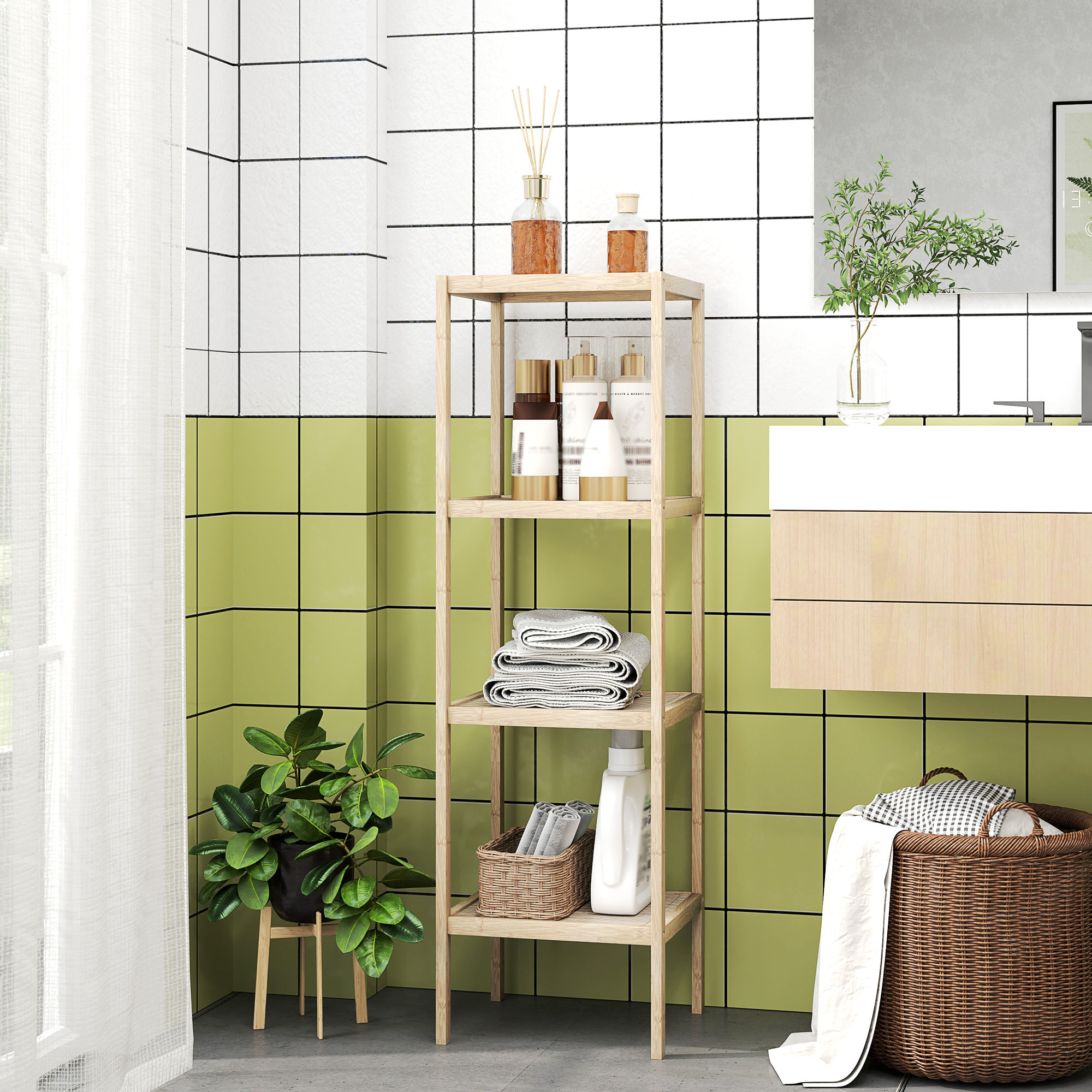 Colonne salle de bain style cosy bambou 4 niveaux H.110 cm