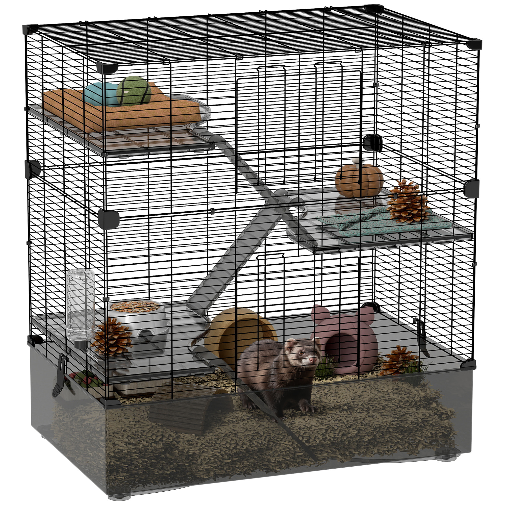 Jaula para Hurones de 4 Niveles con Bandeja Inferior Jaula para Roedores con Rampas Comedero y Bebedero Recinto para Chinchillas 73x47x80 cm Negro