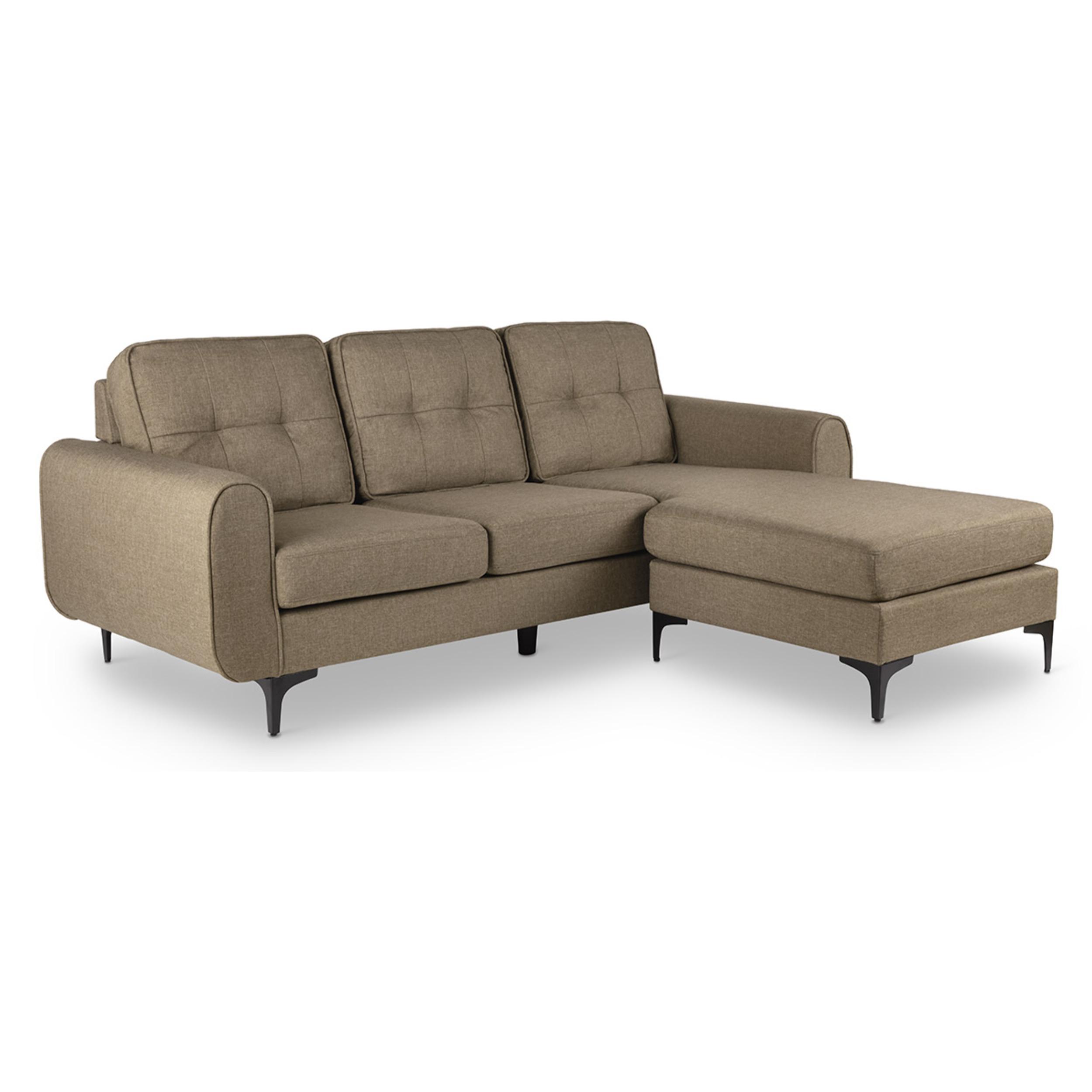 Sofa chaiselongue de 3 plazas tapizado beige caqui, mueble salon comedor