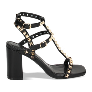 Sandalo donna nero con borchie, tacco 8,5 cm