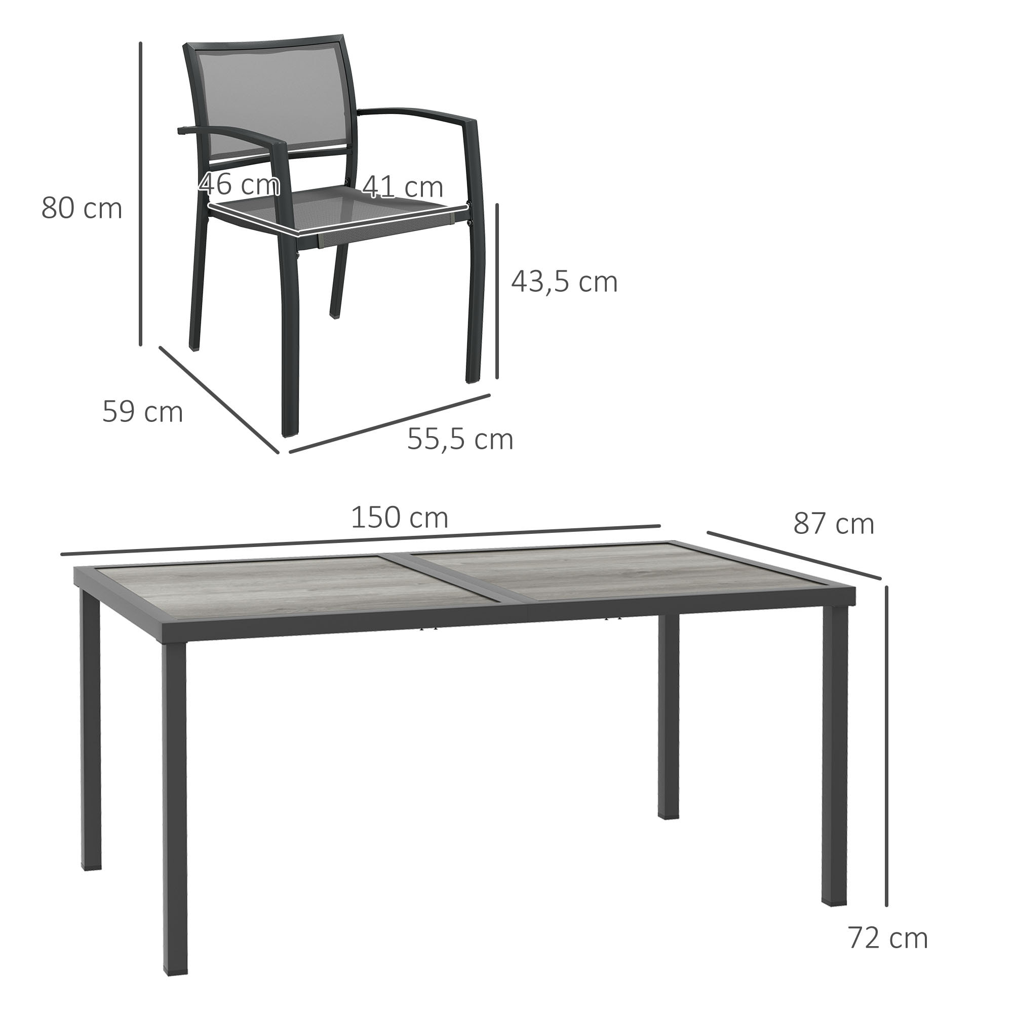Ensemble salon de jardin 6 places 7 pièces avec table à manger acier textilène aspect bois gris