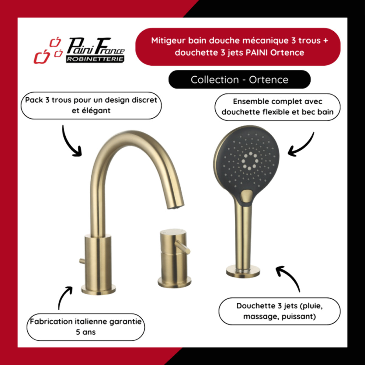 Mitigeur bain douche mécanique 3 trous + douchette 3 jets PAINI Ortence laiton brossé