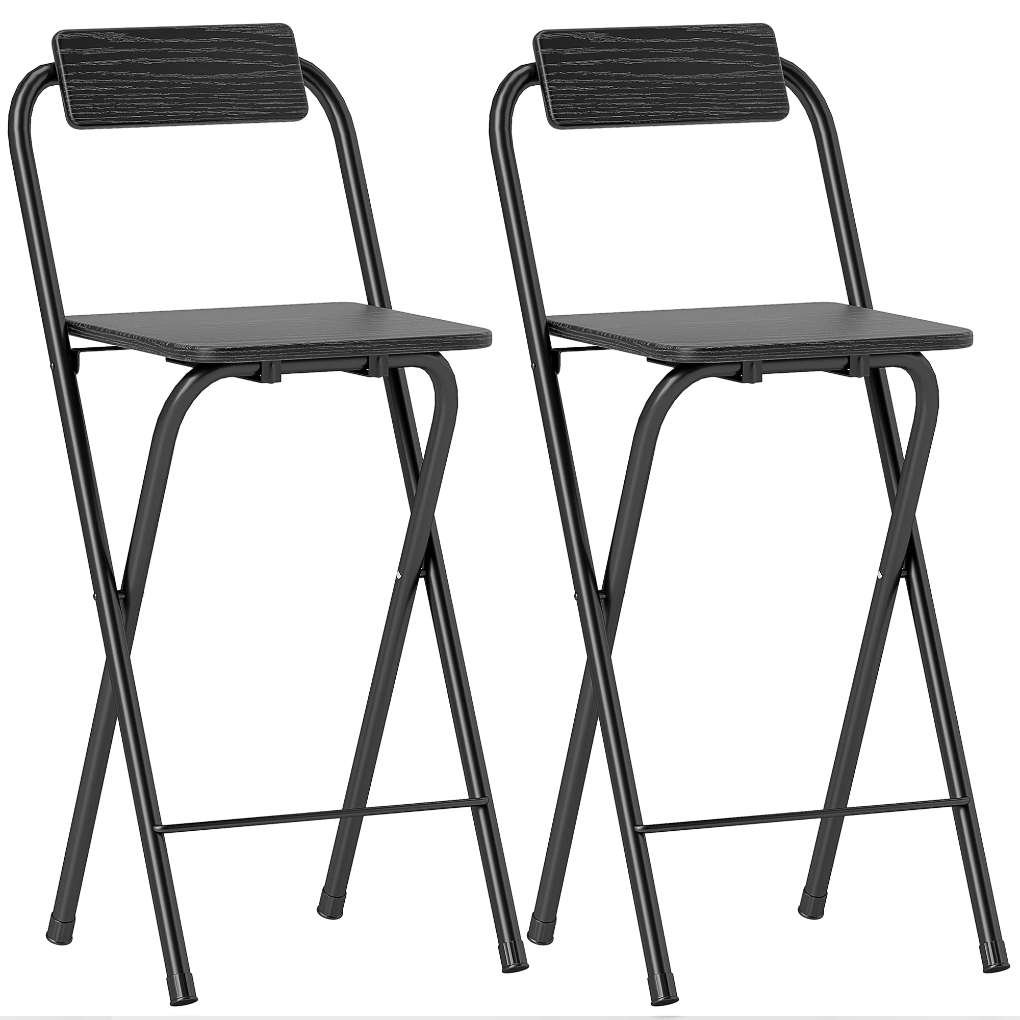 Lot de 2 tabourets de bar pliants avec dossier et repose-pieds acier noir effet bois noir