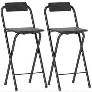 Lot de 2 tabourets de bar pliants avec dossier et repose-pieds acier noir effet bois noir