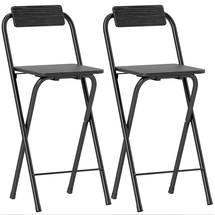 Lot de 2 tabourets de bar pliants avec dossier et repose-pieds acier noir effet bois noir