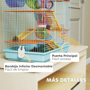 Jaula para Hámster Hábitat para Animales Pequeños de Múltiples Niveles con 4 Plataformas Cuenco de Comida Bebedero Rueda de Ejercicio Escaleras Sistema de Tubos 47x30x59 cm Azul Claro